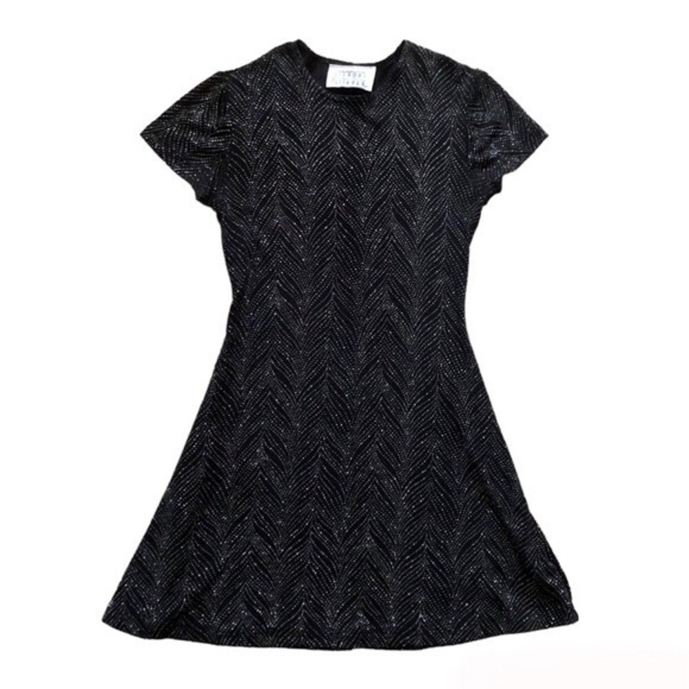 Vintage Marian & Maral Black Sliver Glitter Feather Skater Skirt Dress